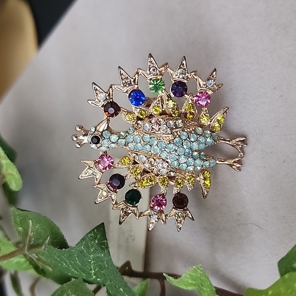 Gold with Multi Color Crystals Peacock Stretch Ring - Picture 5 of 7
